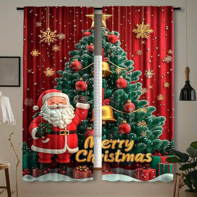 2er Set Weihnachtsvorhänge mit goldenen Weihnachtskugeln, halbtransparent, Polyester, Farbe: Gold und Rot, B: 50 cm, H: 130 cm - Bild 1