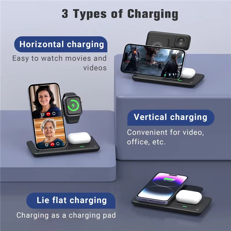 VIKEFON 3-in-1 Faltbare Kabellose Ladestation für iPhone, Apple Watch und AirPods Pro in Schwarz - Bild 2