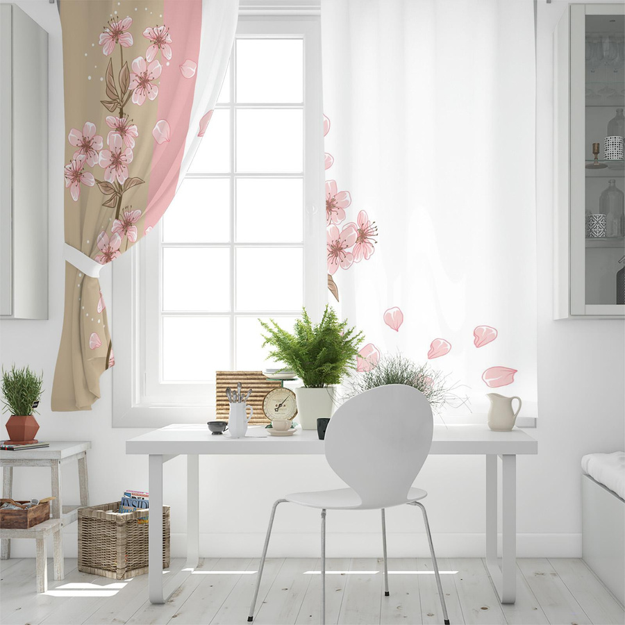 Super Six Stoffpaneel Vorhang mit Pfirsichblüten-Blumenmuster in Pink, semi-transparent, Breite: 135 cm, Höhe: 60 cm - Bild 1