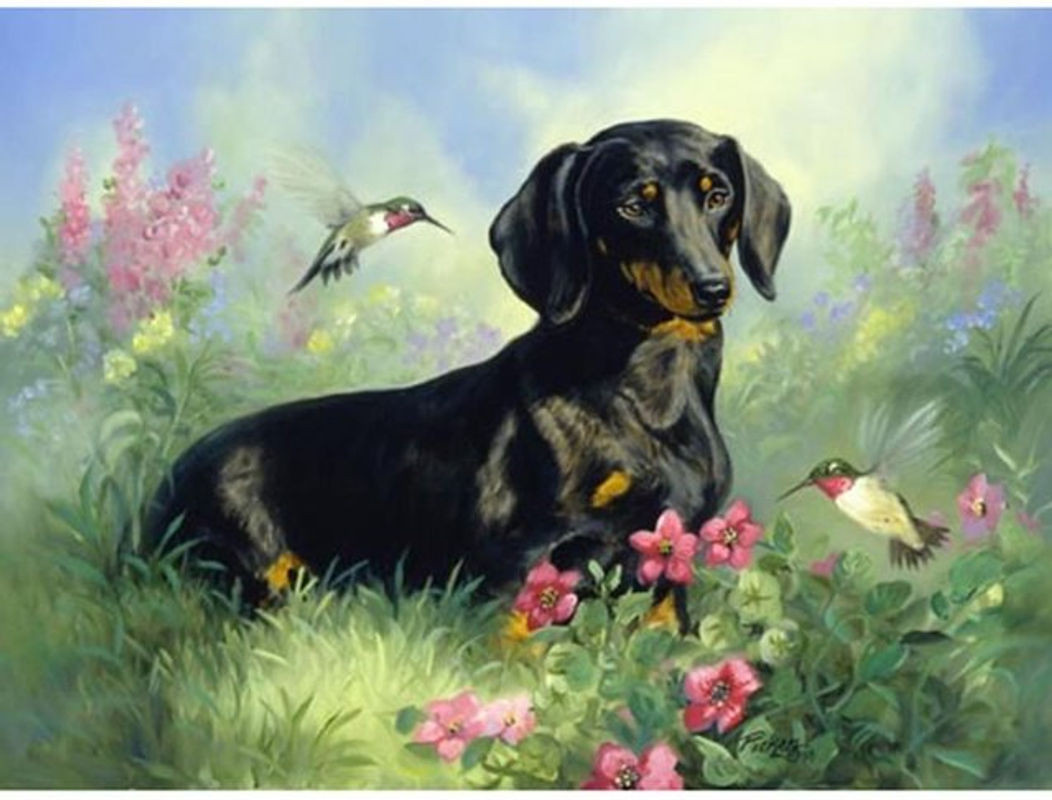 FIYO Diamant-Mosaik Set mit schwarzem Hund und Vogel als Strass-Stickerei zur Heimdekoration, B/H: 30 x 20 cm - Bild 1