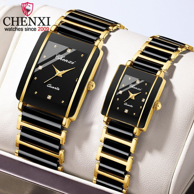 CHENXI Armbanduhr, Quarz, Schwarz, Gold, Rechteckig, Unisex - Bild 1