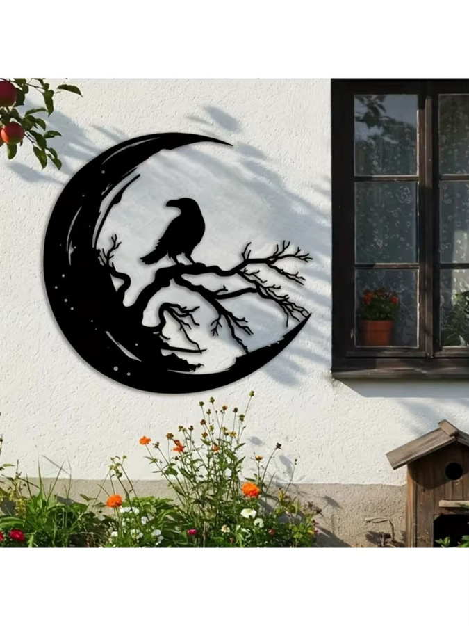 CIFBUY Raven Moon Metall-Wandkunst, gotische Aluminiumskulptur in Schwarz, Durchmesser: 40 cm - Bild 6