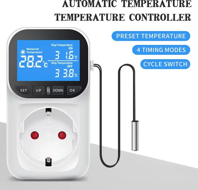 Digitaler Temperaturregler JUANJUAN mit Timer und Sensorsonde, Thermostat für Heizung und Kühlung, 16 A, Blau-Weiß - Bild 1