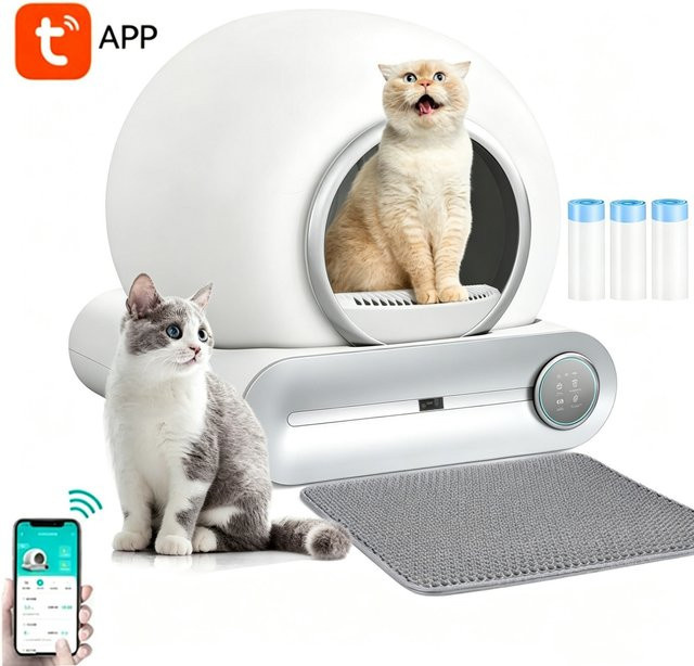 YUNMIAN Intelligente Selbstreinigende Katzentoilette in Weiß mit App-Steuerung, 65L Extra Groß, Geschlossenes Set inklusive Katzenstreu-Matte und Müllbeuteln, B/T/H: 52,8 x 50,3 x 15,0 cm - Bild 1