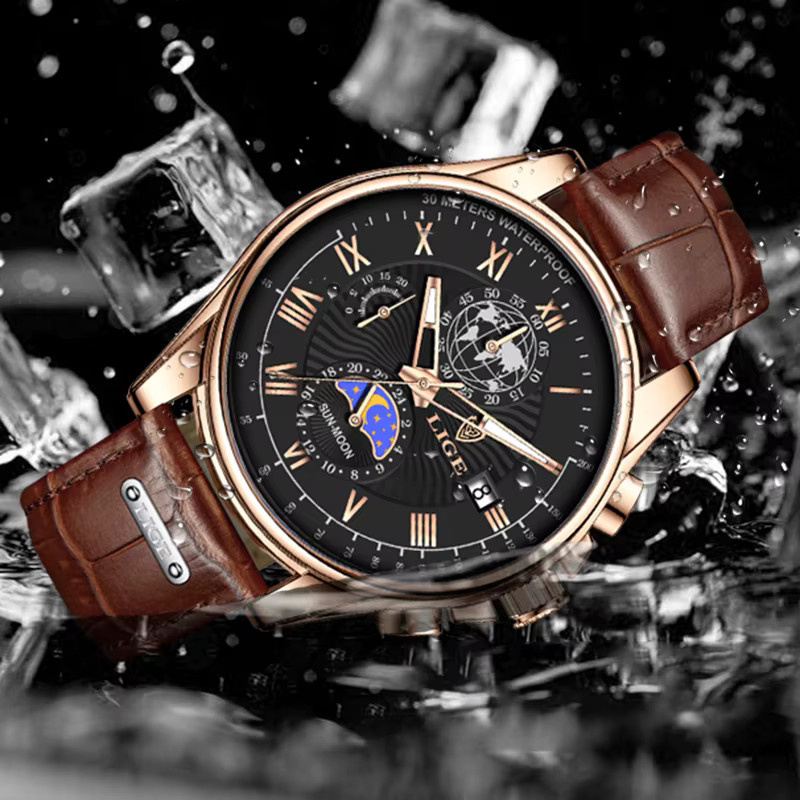 LIGE Chronograph Herrenuhr, Quarz, Leder, Wasserdicht - Bild 4