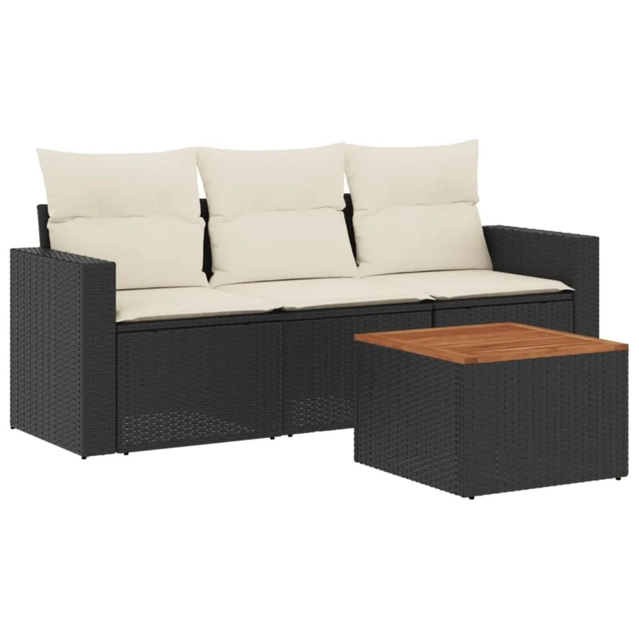 vidaXL 4-tlg Garten-Sofagarnitur aus Polyrattan und Akazienholz in Schwarz mit Kissen und Tisch - Bild 2