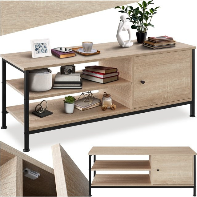 tectake TV-Regal im Industrial Style mit 2 offenen Fächern und Staufach mit Magnettür, Farbe Braun/Schwarz, B/T/H: 110 x 40 x 45,5 cm - Bild 1
