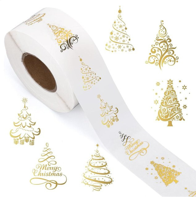 500 Stück selbstklebende Weihnachtsaufkleber in Gold und Transparent, Baum-Motiv für Karten und Feiertagsdekoration, Durchmesser: 2,5 cm - Bild 1