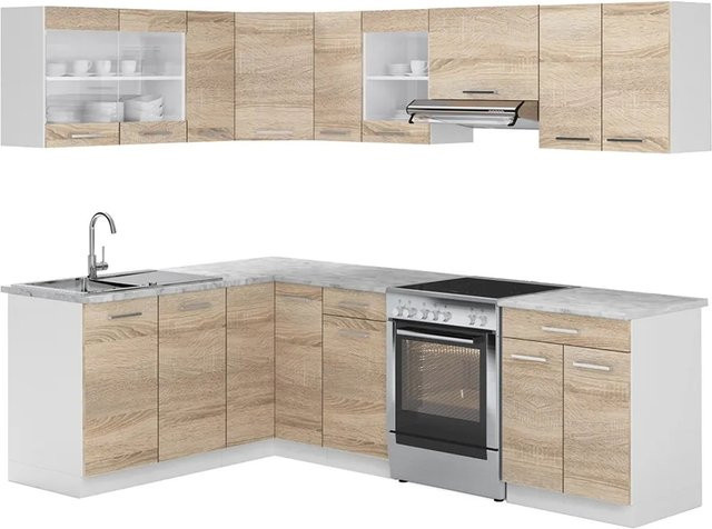 Vicco Küchenzeile R-Line Eckküche in Sonoma Eiche und Weiß mit Marmor-Optik, Breite: 250 cm - Bild 2