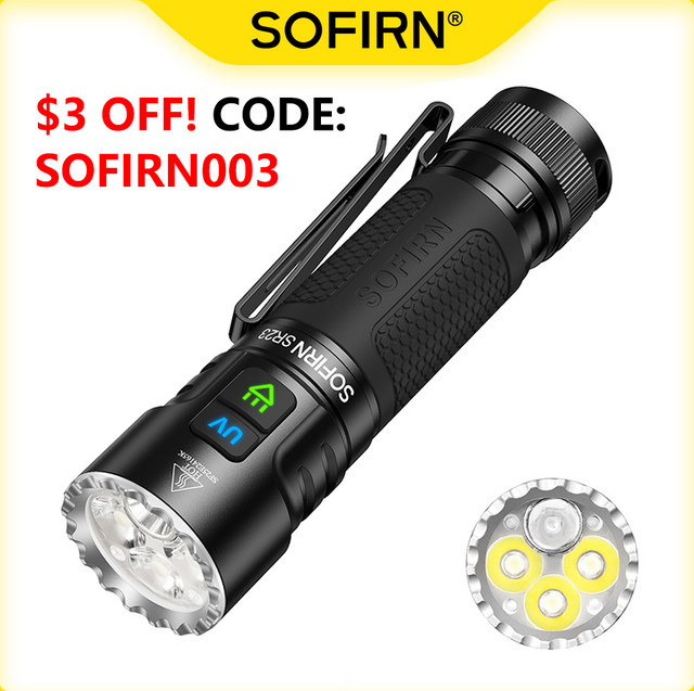 Sofirn SR23 Dual-Licht-Taschenlampe mit 3300lm weißem Flutlicht und 365nm UV-Licht, USB-C wiederaufladbare EDC-Lampe mit Magnetischem Endstück in Schwarz und Weiß - Bild 1