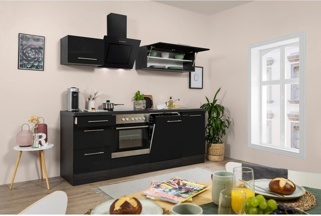 Respekta Premium Küchenzeile modern in Schwarz Hochglanz und Eiche Grau mit Soft-Close-Türen, B/T/H: 220 x 60 x 200 cm - Bild 1