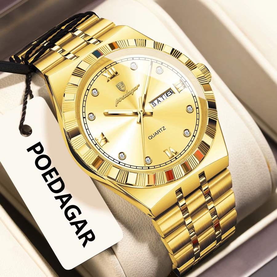 POEDAGAR Armbanduhr Edelstahl, Quarz, Herren, Gold, Silber, Datum, Wochentag - Bild 2