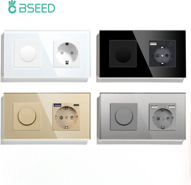 BSEED Mechanischer Dimmer mit EU-Steckdose und USB Typ-C-Anschluss, LED dimmbarer Lichtschalter mit Glasrahmen in Grau und Transparent - Bild 1