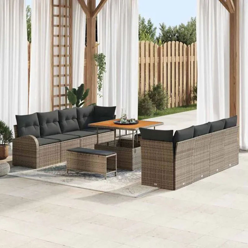 Vidaxl Polyrattan Garten-Sofa-Set mit Kissen in Grau, 11-teiliges modulares Loungemöbel-Set mit Hocker und Aufbewahrungsbox, B/T/H: 100 x 100 x 71 cm - Bild 1