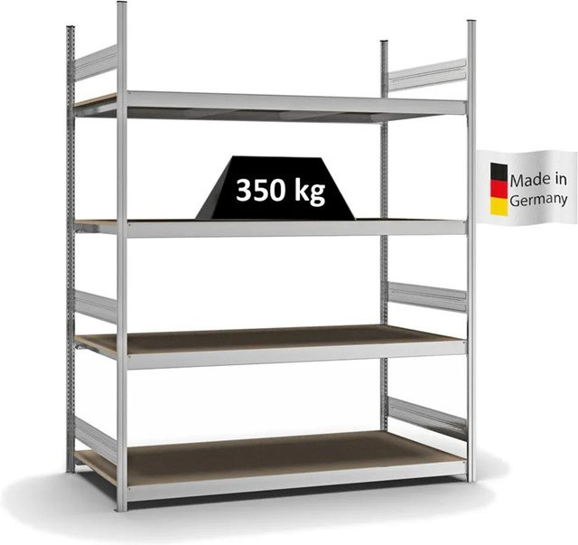 PROREGAL Weitspannregal Stecksystem T-Profil mit 4 Ebenen Spanplatten, verzinkt, Farbe: Silber, H x B x T: 250 x 200 x 80 cm - Bild 1