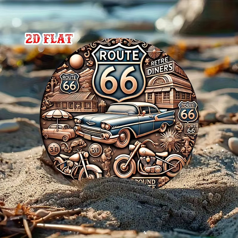 Potdemiel Vintage Route 66 Rundes Aluminiumschild in Blau mit Auto- und Motorrad-Design als Metallwandkunst für Garage und Zuhause, Durchmesser: 20 cm - Bild 3
