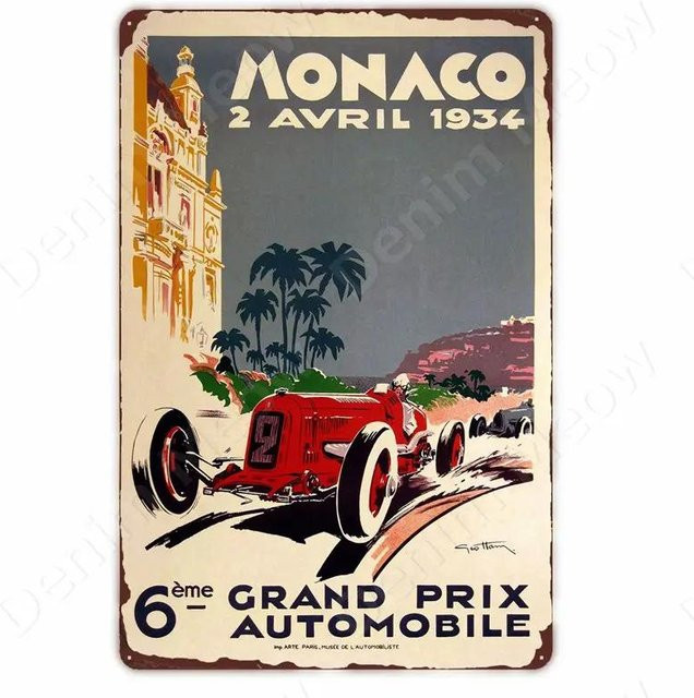 ZX ART Monaco Grand Prix Vintage Metallschild für Autorennen, Retro Wanddeko aus Metall, B/H: 30 x 20 cm - Bild 1