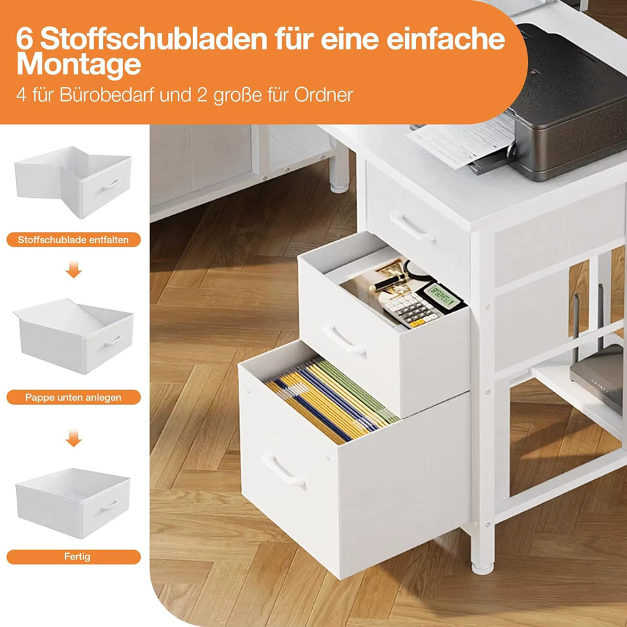 Coleshome Schreibtisch mit 6 Schubladen in Weiß für dein Home Office, Breite: 160 cm, Tiefe: 52 cm - Bild 4