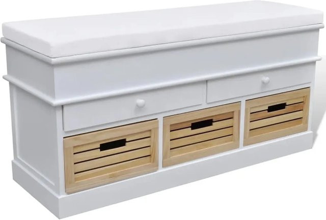 vidaXL Flurbank mit Sitzpolster und Stauraum in Weiß mit 2 Schubladen und 3 Kisten aus Paulownia-Holz - Bild 1