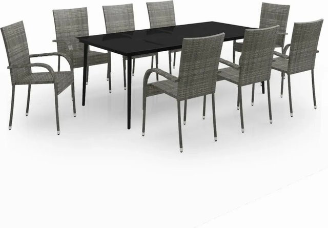 vidaXL 9-teilige Garten-Essgruppe aus PE-Rattan und pulverbeschichtetem Stahl in Grau und Schwarz mit Glastisch - Bild 1