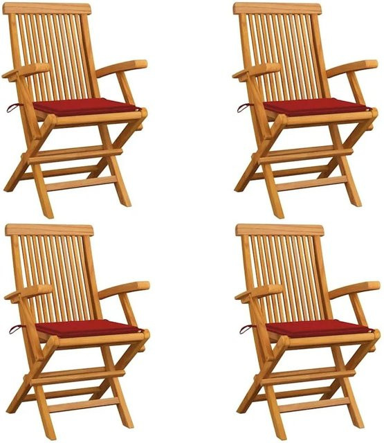 vidaXL Gartenstuhl-Set aus Teakholz mit roten Kissen, 4 Stück, braun - Bild 1
