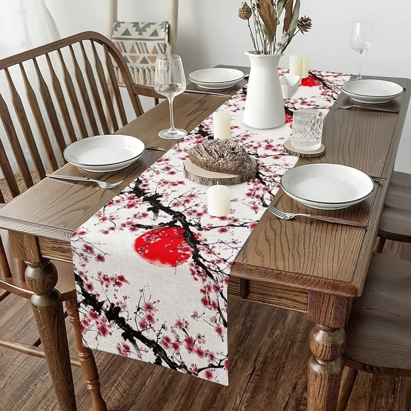VIKAMA Japanischer Tischläufer mit Tuschemuster, Pflaumenblüten und roter Sonne, wasserabweisendes Polyester in Rot und Mehrfarbig, B/H: 90 x 33 cm - Bild 2
