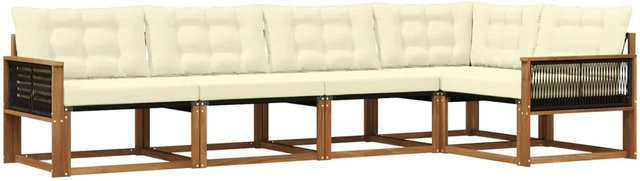 vidaXL Outdoor-Sofagarnitur L-Form aus Akazienholz mit Textilene-Elementen und Kissen in Beige und Weiß - Bild 1