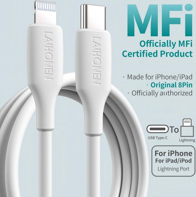 LAIHONEN USB-C auf Lightning Kabel mit Power Delivery, MFi-zertifiziertes Ladegerät für iOS Geräte, Länge: 1,8 m - Bild 1