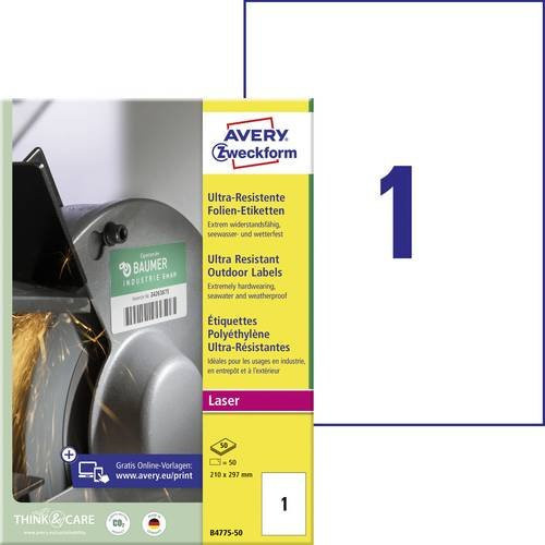 Avery-Zweckform Universal-Etiketten B4775-50, Weiß, Polyethylenfolie, 50 Stück, DIN A4, für Laserdrucker - Bild 1