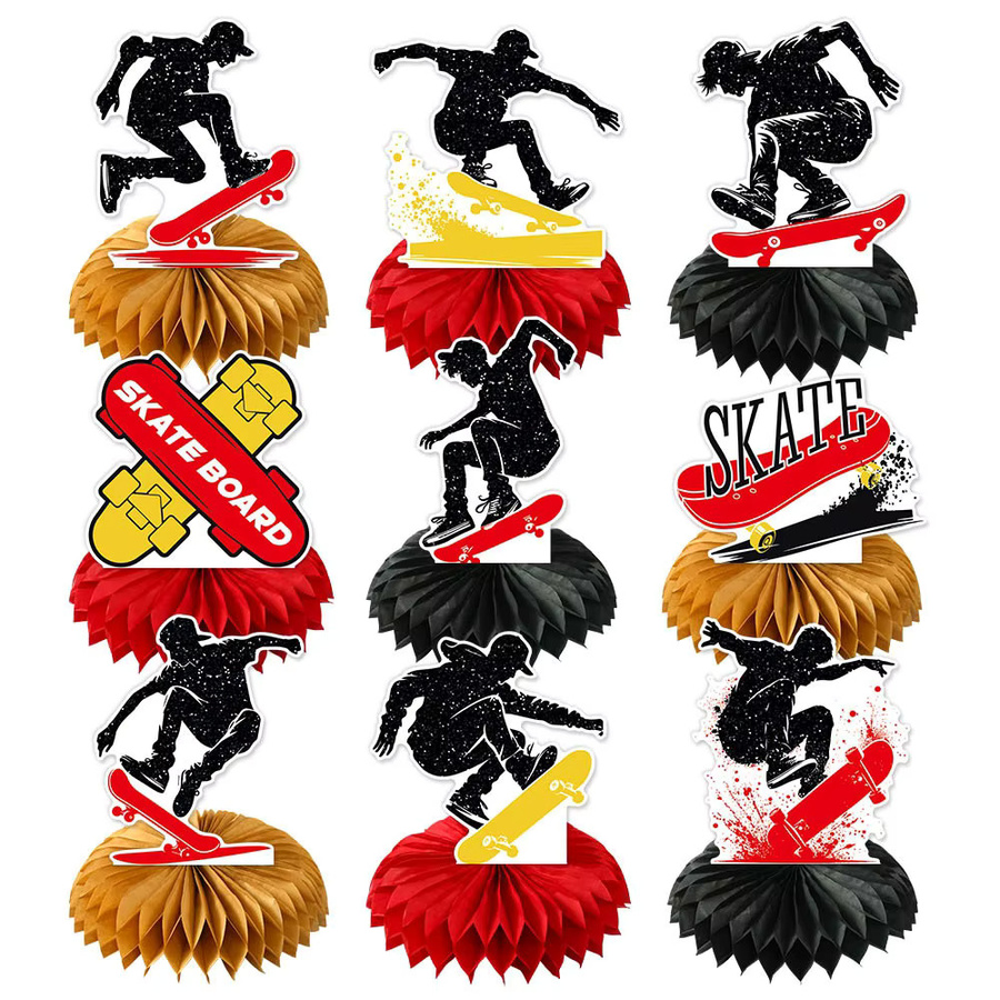 Sport Skateboard Geburtstag Banner und Kuchen Topper Set für Kinder, Mehrfarbiges Waben-Ornament aus Papier zur Partydekoration - Bild 4