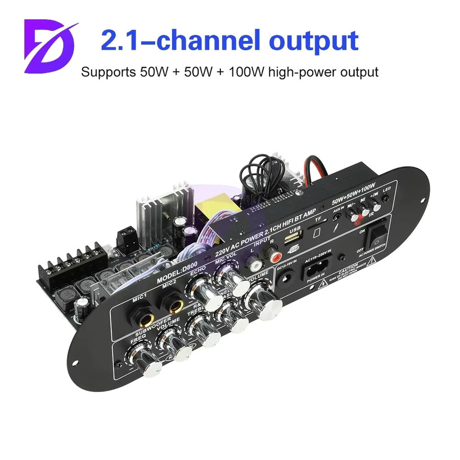 D800 Bluetooth-Verstärkerplatine 2.1-Kanal in Schwarz mit 50 W + 50 W + 100 W Hochleistungsausgang (DC 12-19V / AC 110-220V) - Bild 2