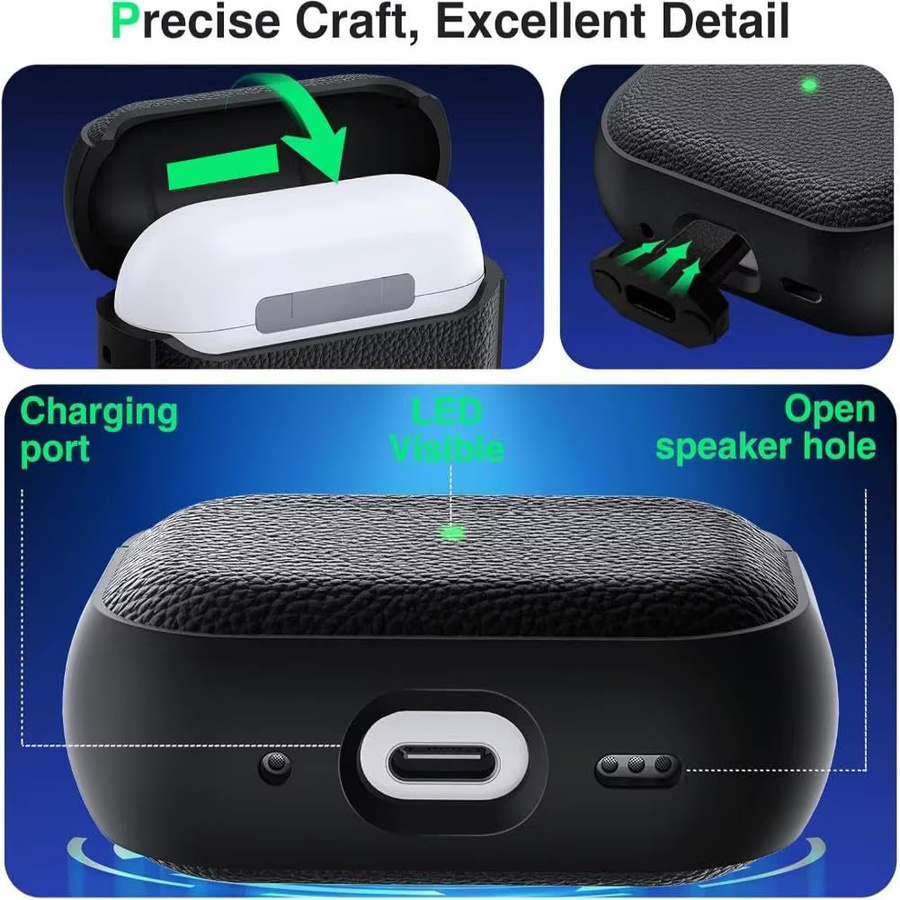 Schutzhülle für Apple AirPods Pro 3, Pro 2 und AirPods 4 in Lederstruktur aus TPU mit Schlüsselanhänger und Trageband, Farben: Weiß oder Schwarz - Bild 4