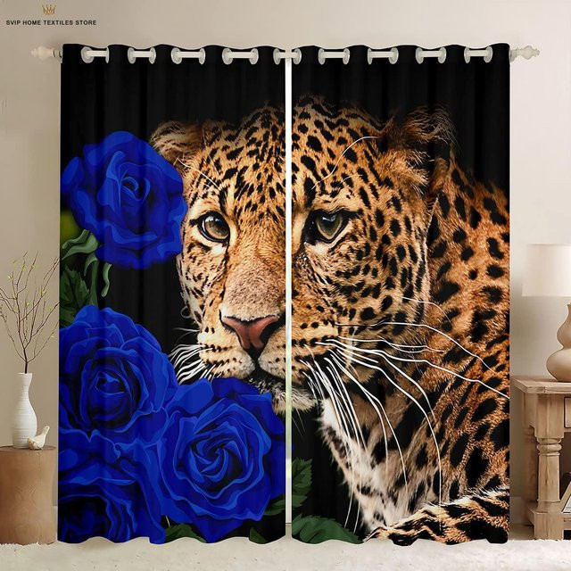 Yiran Furniture 2er-Set Vorhang mit Tiger- und Blumenmuster im Retro-Design, 3D-Druck, halbtransparent, B: 50 cm, H: 130 cm - Bild 1