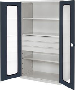 Kappes RasterPlan Großvolumenschrank mit Sichtfenstertüren in Grau, Ausstattung 4 mit Regalböden, Schubladen und Schloss, H x B x T: 195 x 113 x 59 cm - Bild 1