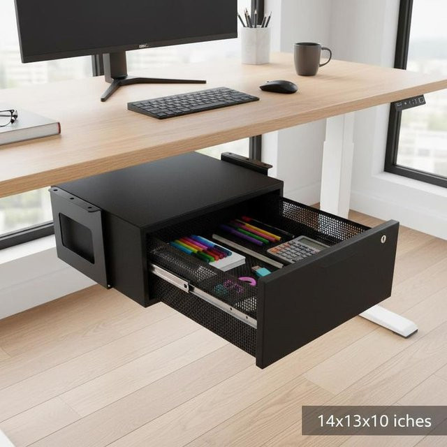 Abschließbare Untertischschublade in Schwarz als 2-stufiger Aufbewahrungsorganizer für deinen Schreibtisch, B/T/H: 36,5 x 33,5 x 25 cm - Bild 1