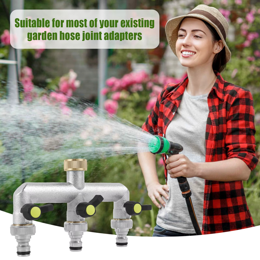3-Wege-Schlauchverteiler aus Zinklegierung in Silber mit 3/4 Zoll Gartenarmatur und individueller Durchflusssteuerung - Bild 4