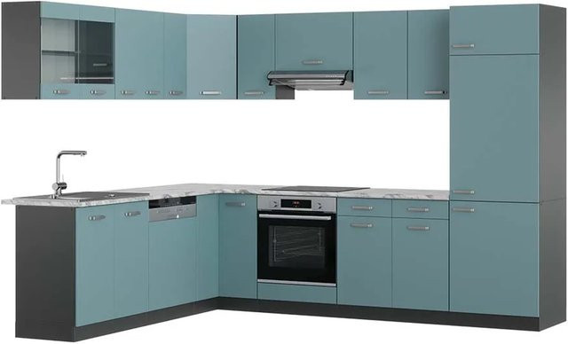 Vicco R-Line Eckküche in Blau-Grau und Anthrazit mit Marmor-Optik, B/T/H: 227 x 287 x 207 cm - Bild 1