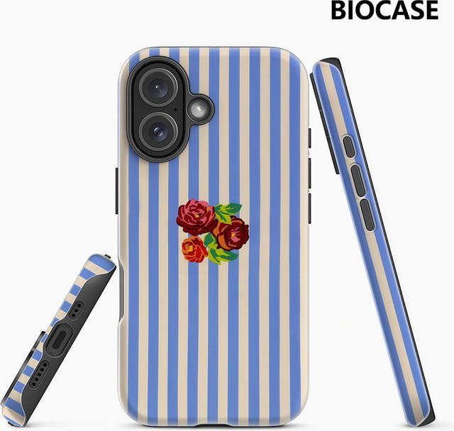 Doppelschichtige iPhone Handyhülle mit Rosenmuster auf blau-weiß gestreiftem Design für Apple iPhone 18 17 16 15 14 13 12 Pro Max Plus - Bild 1