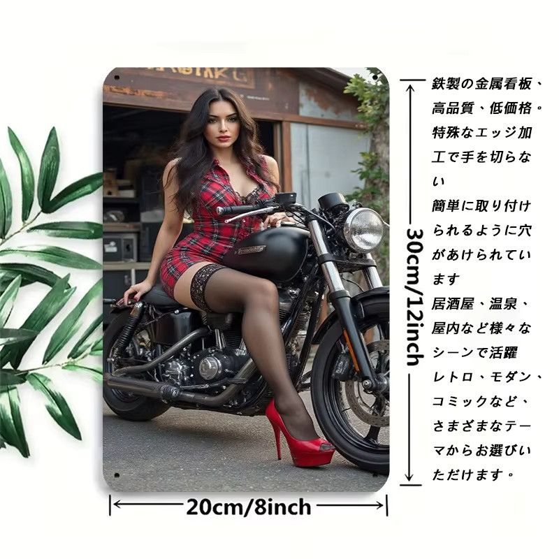 HELLOYOUNG Vintage Metallschild Motorrad Retro Blechkunst Wanddekoration mit rot kariertem Kleid, B: 20,3 cm, H: 30,5 cm - Bild 3