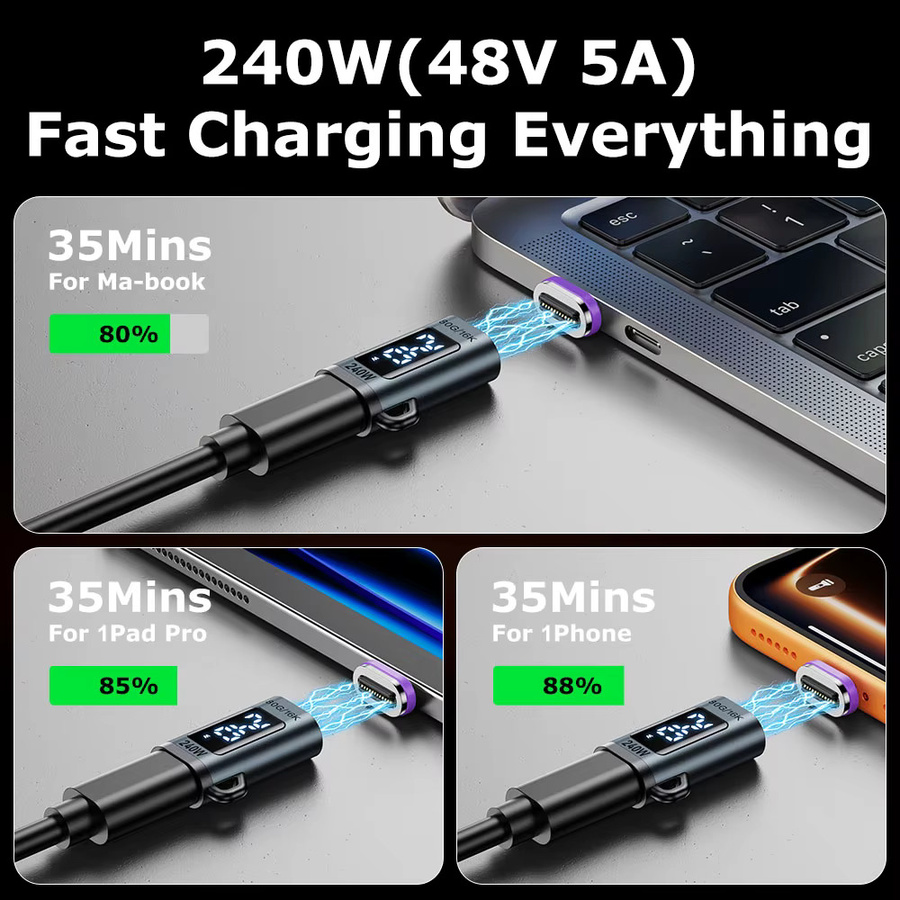 AUFU Magnetischer USB-C zu Typ-C Adapter mit Digitalanzeige, 240W Schnellladung, USB4 Anschluss mit 80Gbps für Thunderbolt5 und iPhone 16, Schwarz - Bild 5