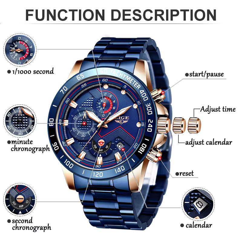 Lige Armbanduhr Chronograph, Quarz, Edelstahl, Blau, Herren - Bild 3