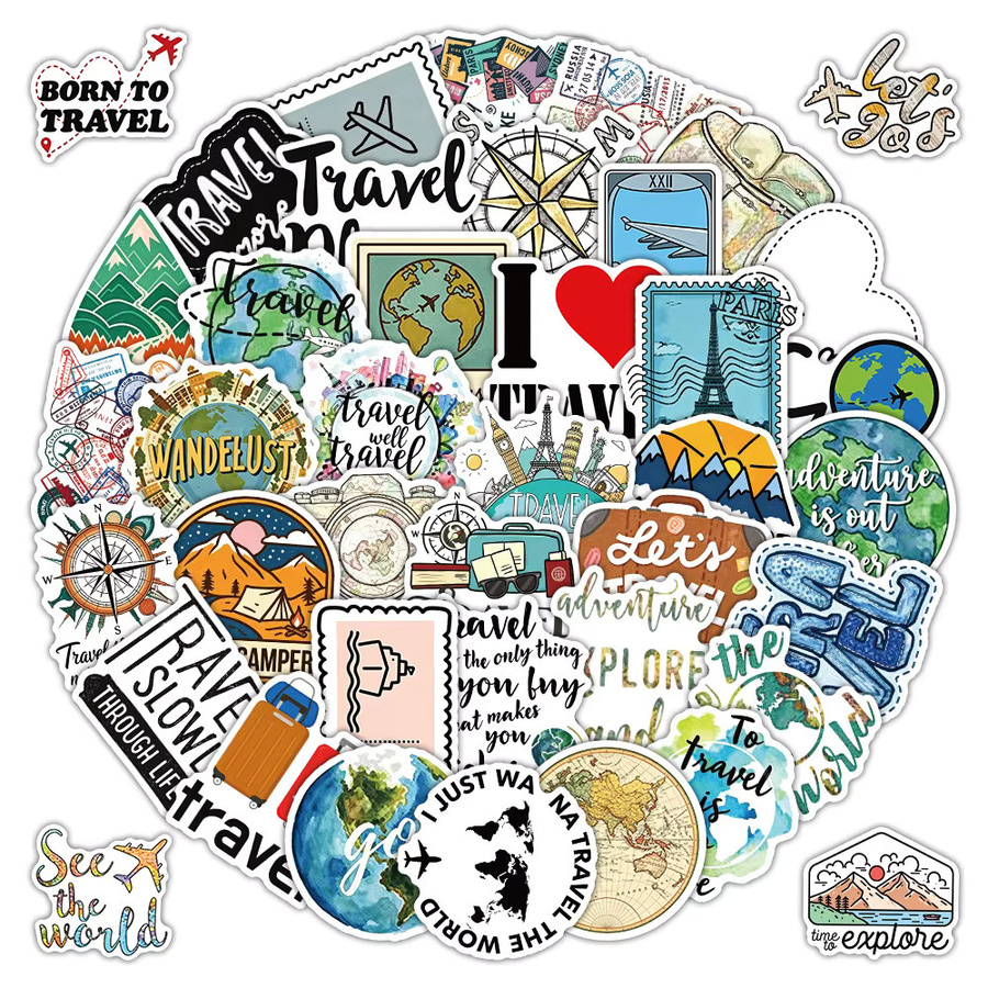 50 Stück wasserfeste Reise-Aufkleber mit Weltkarten- und Landschaftsmotiven in Multicolor von RecordingYourLife Store - Bild 2