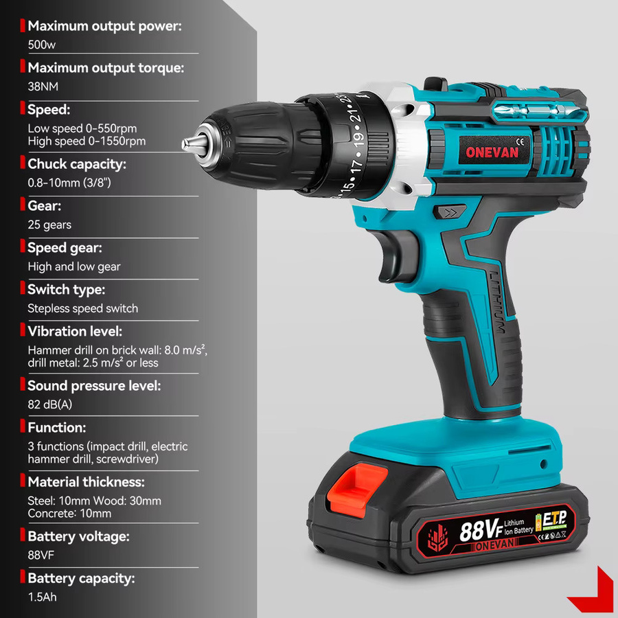 ONEVAN Akku-Schlagbohrmaschine mit 25 + 3 Drehmoment als tragbarer elektrischer Bohrer und Power-Schraubendreher für Holz und Möbel, kompatibel mit Makita Akkus - Bild 3