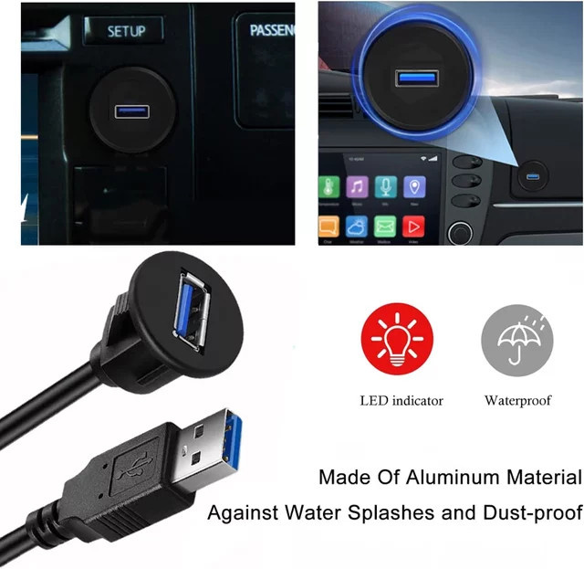 Wasserdichtes USB 3.0 Einbau-Verlängerungskabel mit Stecker auf Buchse für Auto, LKW und Boot, Farbe: Schwarz, Länge: 1 m - Bild 1