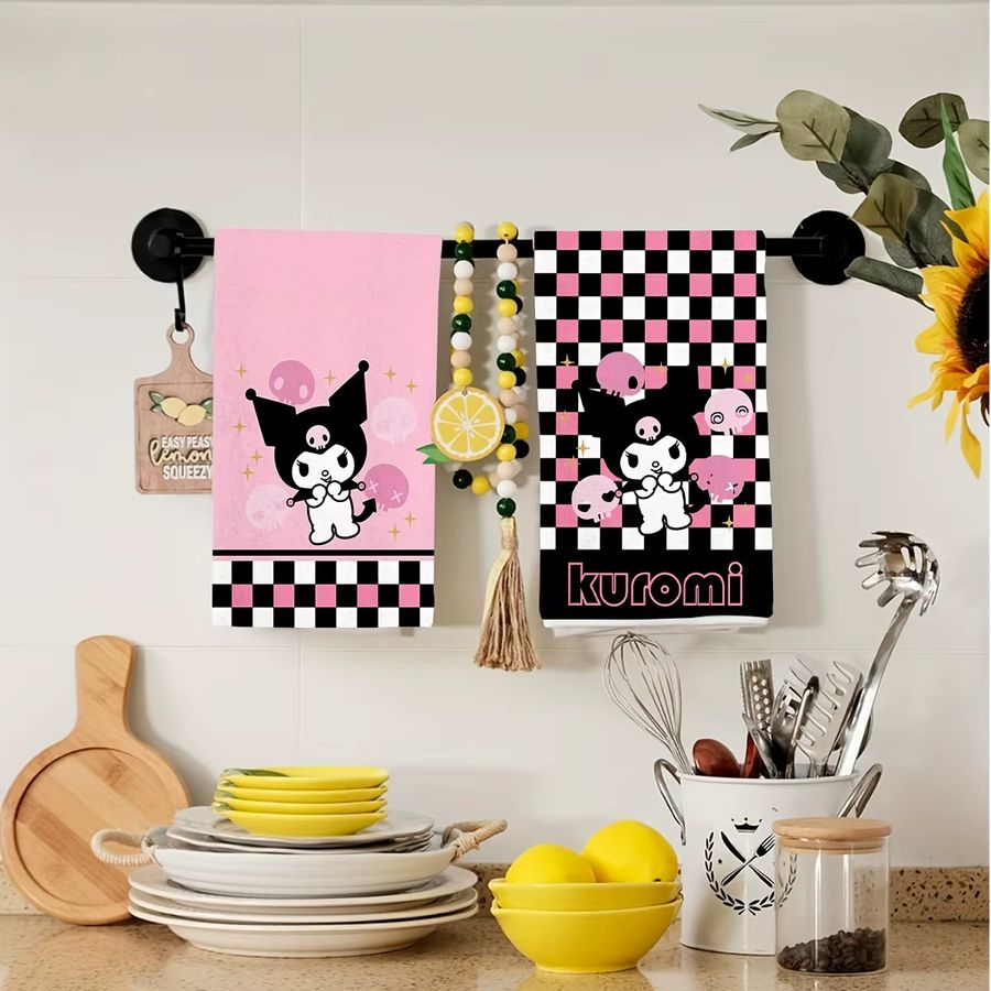 Sanrio Kuromi Skull Checker Handtuch in Pink mit Cartoon-Print für dein Badezimmer - Bild 4