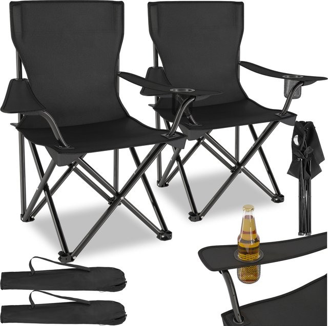 tectake Set Campingstuhl Gil 2er Set Schwarz mit Getränkehalter und Armlehnen, faltbar, Stahl und Polyestergewebe, B/T/H: 80 x 48 x 84,5 cm - Bild 1
