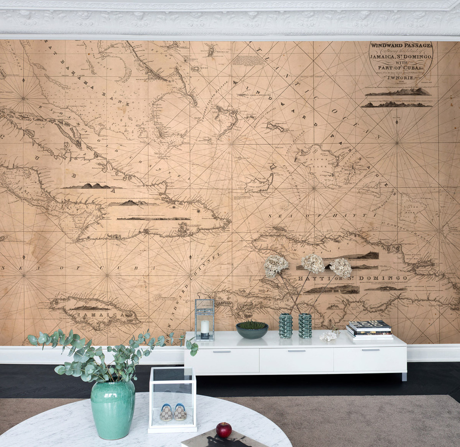 Rebel Walls Mural Navigation Lines Wandtattoo in Beige mit geometrischem Vintage-Design - Bild 1