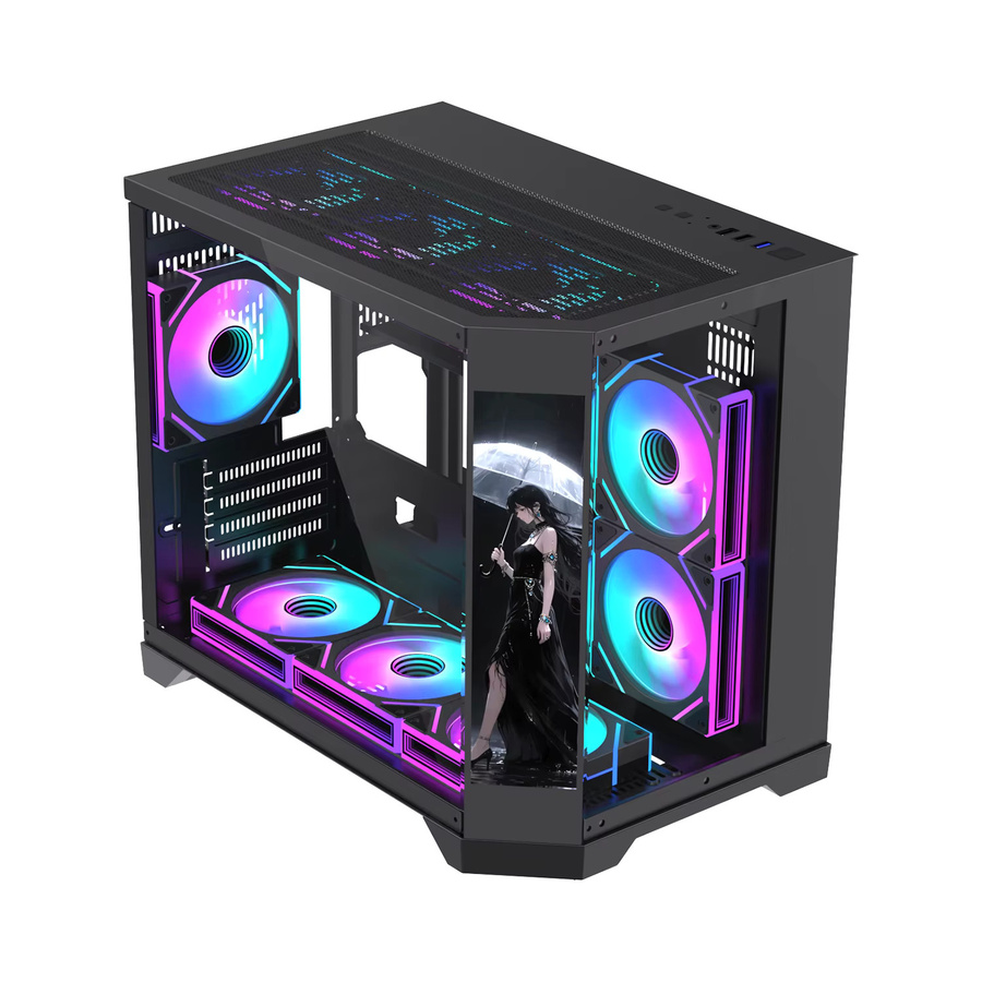 Lovingcool Mid-Tower Gaming-PC-Gehäuse Micro-ATX mit LCD-Bildschirm und Glas-Chassis in Schwarz - Bild 1