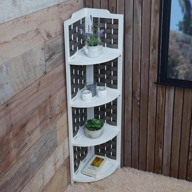 Klappbares Eckregal MCW-K85 aus Paulownia Holz mit 4 Ablagen, Weiß mit anthrazitfarbenem Geflecht, Höhe: 110 cm - Bild 1