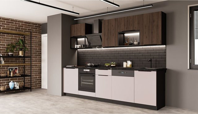 Küchenzeile ARONA + MONZA BASIC LOFT in Nußbaum und Kaschmir, Breite: 280 cm - Bild 1